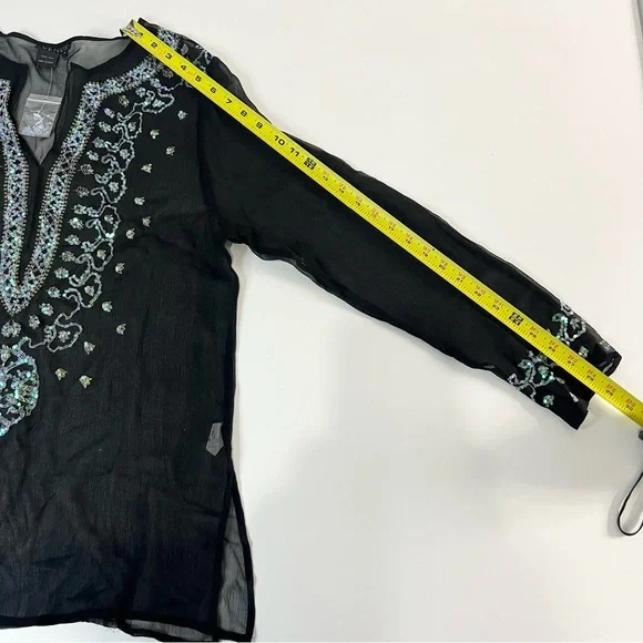 VENUS  Silk Sheer Black Swimsuit Coverup V-Neck Sequin Detailing Tunic Women's M - Picture 11 of 11
